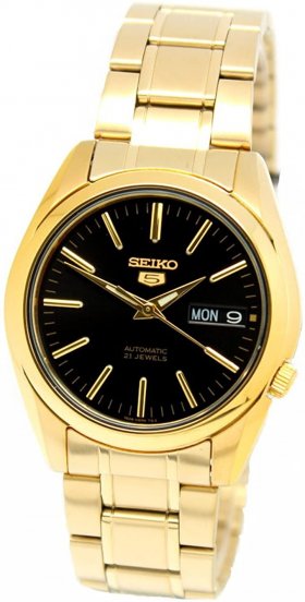 Seiko 5 #SNKL50 Men's Gold Tone Stainless Steel Black Dial Automatic Watch
