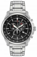 Citizen Men's Black Dial Stainless Steel Eco-Drive Chronograph Watch AT2370-55F
