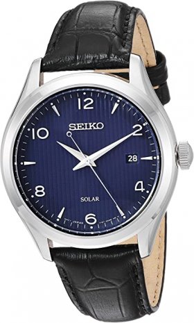 Seiko Men's Dress Stainless Steel Japanese-Quartz Watch with Leather Calfskin Strap, Black, 20.5 (Model: SNE491)