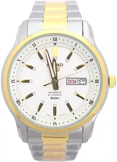 Seiko 5 SNKP14 Men\'s 2 Tone Stainless Steel White Dial 50M WR Day Date Automatic Watch