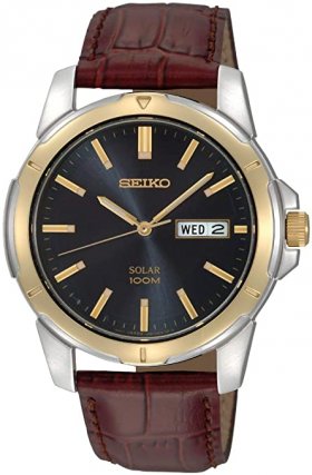 Seiko Men's SNE102 Stainless Steel Solar Watch with Brown Leather Strap, Multicolor dial