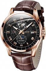 Seiko Automatic Watches for Men Self Winding Mechanical Leather Band Moon Phase 24 Hours Date Week Month Waterproof Luminous Wrist Watch