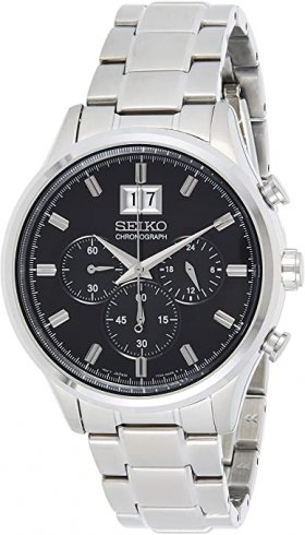 Seiko Black Dial Chronograph Black Leather Mens Watch SPC083P2