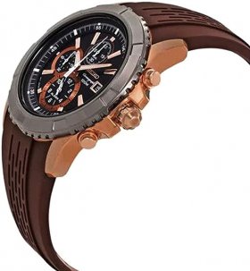 Seiko Chronograph Rose Gold PVD Steel Brown Dial Brown Rubber Strap Alarm Date Quartz Mens Watch SNAE16P1