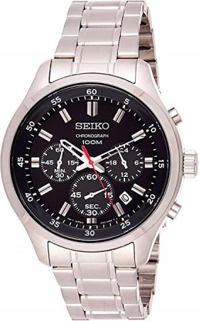 Seiko Men's 43mm Steel Bracelet & Case Hardlex Crystal Quartz Black Dial Analog Watch SKS587