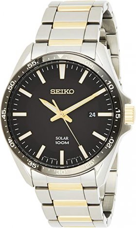 Seiko Men's 43mm Two Tone Steel Bracelet Steel Case Hardlex Crystal Solar Black Dial Analog Watch SNE485P1