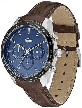 Seiko Lacoste Men's Boston Stainless Steel Quartz Watch with Leather Calfskin Strap, Brown, 20 (Model: 2011093)