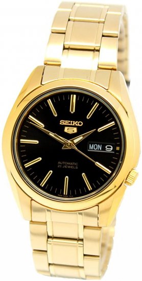 Seiko 5 #SNKL50 Men\'s Gold Tone Stainless Steel Black Dial Automatic Watch