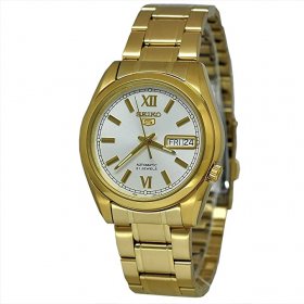 Seiko SNKL58 Mens 5 Gold Tone Stainless Steel Case and Bracelet White Tone Dial Day and Date Watch