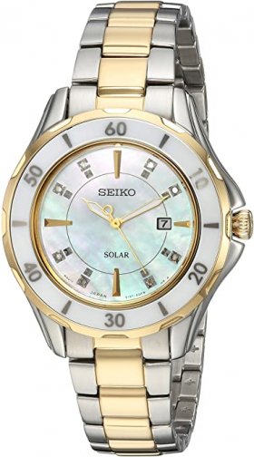 Seiko Women's Diamond Solar Japanese-Quartz Watch with Two-Tone-Stainless-Steel Strap, 7 (Model: SUT338)