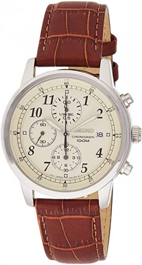 Seiko Men's SNDC31 Classic Stainless Steel Chronograph Watch with Brown Leather Band