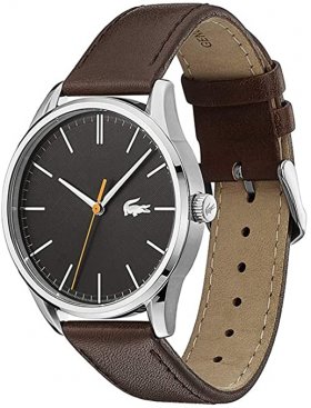 Seiko Lacoste Men's Vienna Stainless Steel Quartz Watch with Leather Calfskin Strap, Brown, 20 (Model: 2011045)