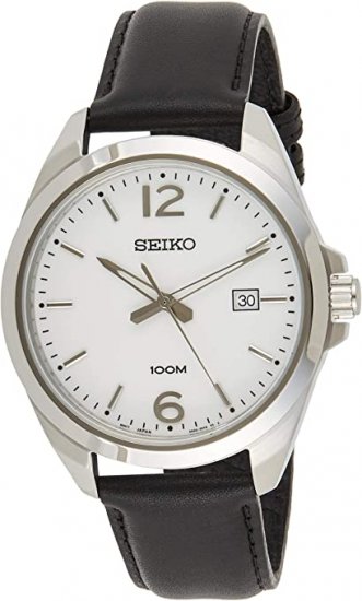 Seiko Men\'s 42mm Black Leather Band Steel Case Hardlex Crystal Quartz White Dial Analog Watch SUR213