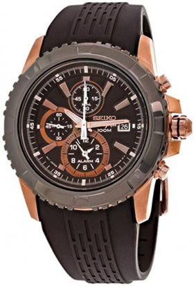 Seiko Chronograph Rose Gold PVD Steel Brown Dial Brown Rubber Strap Alarm Date Quartz Mens Watch SNAE16P1