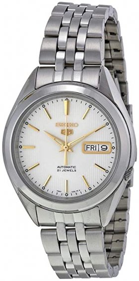 Seiko 5 SNKL17 Men's Stainless Steel White Dial Gold Index Day Date Automatic Watch