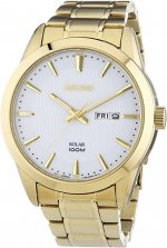 Seiko Solar SNE366 Mens Wite Dial Stainless Steel Gold Tone Watch