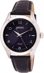 Seiko Men's Year-Round Stainless Steel Solar Powered Watch with Leather Strap, Black, 18 (Model: SNE491P1)