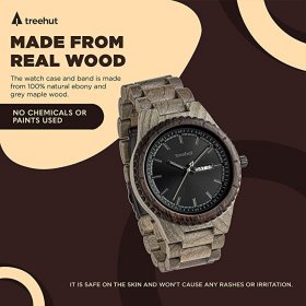 Seiko Treehut Men's Classic Day-Date Silver Maple Grey Watch with Wood Strap Quartz Analog with Miyota Movement