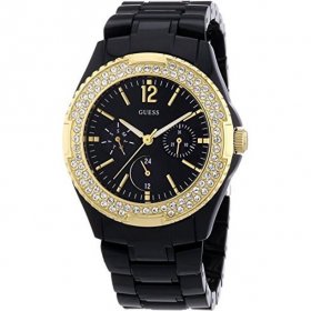 W0062L8,Women's All Black,Plastic Case & Bracelet,Gold-Tone Bezel With Stones,50m WR