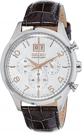 Seiko Silver Dial Chronograph Black Leather Mens Watch SPC087