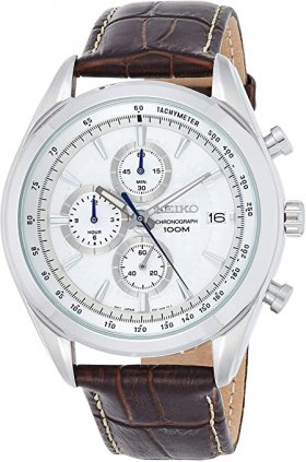 Seiko Chronograph SSB181 Silver Tone Dial Brown Leather Band Men's Watch