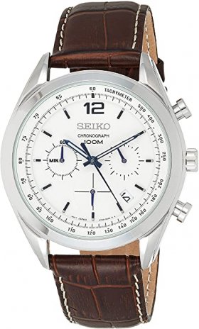 Seiko Chronograph White Dial Stainless Steel Brown Leather Mens Watch SSB095