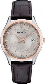 Seiko Stainless Steel and Rose Gold Brown Leather Men's Watch SUR422