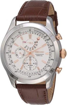 Seiko Men's SPC129P1 Neo Classic Alarm Perpetual Chronograph White Dial Brown Leather Watch